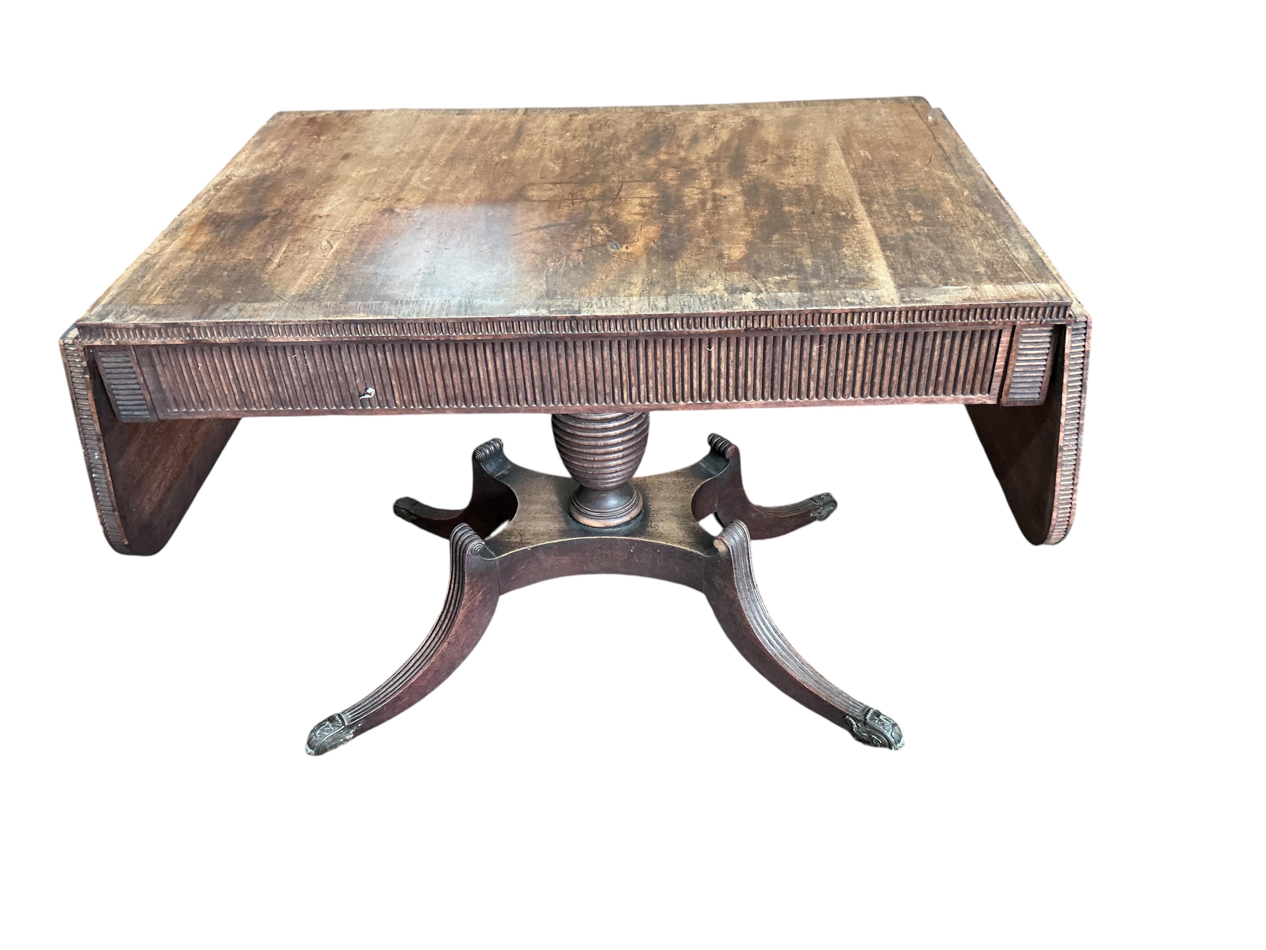 A Regency banded mahogany sofa table, width 102cm, depth 69cm, height 75cm